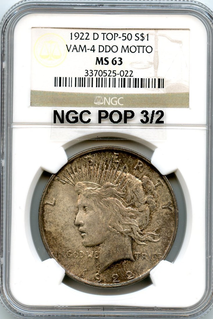 NGC MS63 Peace Dollar Motto Top 50 1922-D VAM-4 DDO C5501.: NGC MS63 Peace Dollar Motto Top 50 1922-D VAM-4 DDO C5501. The NGC MS63 Peace Dollar Motto Top 50 1922-D VAM-4 DDO C5501 is an uncirculated coin featuring a striking design with the iconic "Motto" rev