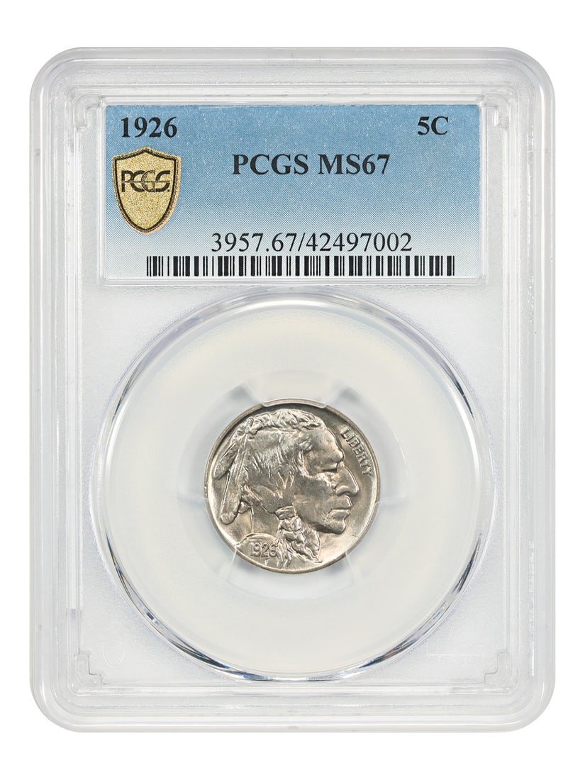 MS67 PCGS 5C BUFFALO NICKEL: MS67 PCGS 5C BUFFALO NICKEL MS67 PCGS graded, uncirculated 1926 Philadelphia Buffalo Nickel. This coin boasts exceptional condition and certification from the prestigious Professional Coin Grading Ser