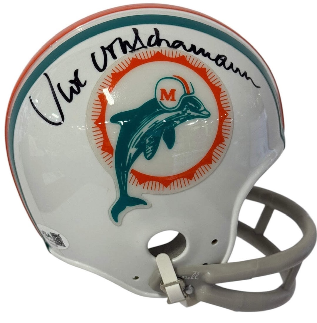 Uwe Von Schamann Autographed Miami Dolphins 2 Bar Mini Helmet (JSA) (1 of 2)