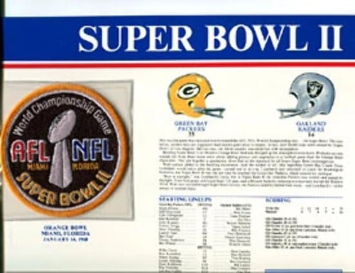 Super Bowl 2 Patch and Game Details Card: Super Bowl 2 Patch and Game Details Card Super Bowl 2 Patch and Game Details Card. The patch features the iconic Super Bowl 2 logo, commemorating the championship game played on January 14, 1968, betw
