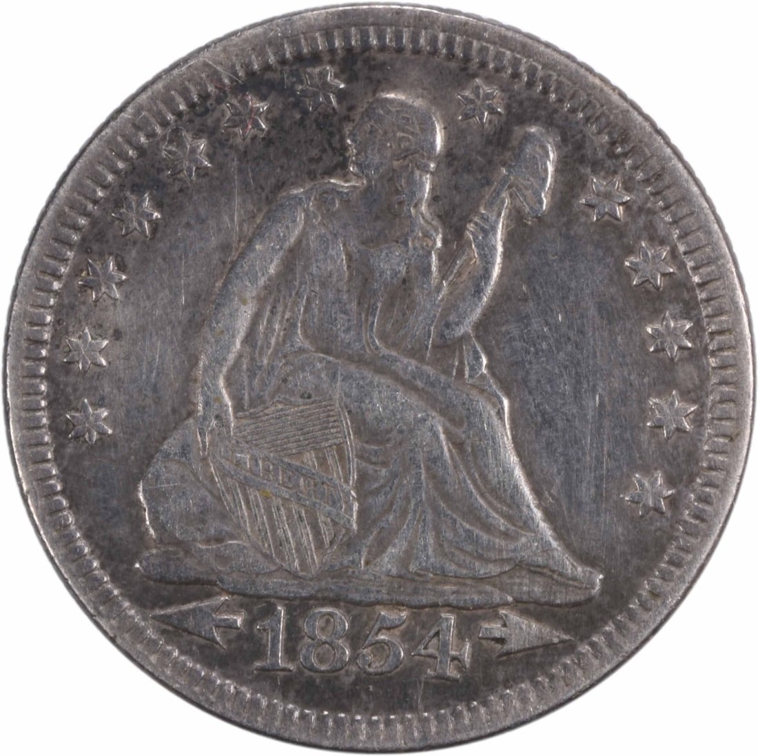 1854 Liberty Seated Silver Quarter EF Uncertified: 1854 Liberty Seated Silver Quarter EF Uncertified The 1854 Liberty Seated Silver Quarter features an elegant design with Seated Liberty at the center, surrounded by intricate details and symbolism. Th