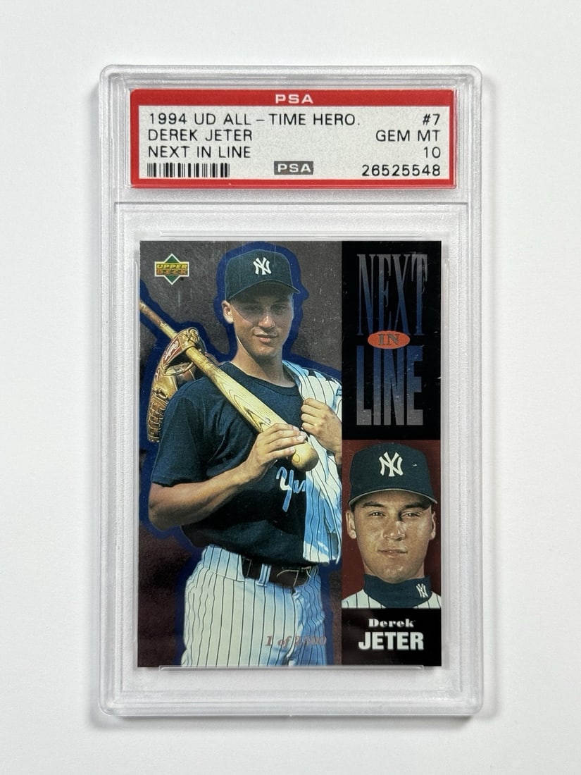 1994 UPPER DECK ALL-TIME HERO DEREK JETER #7 NEXT IN LINE PSA 10: 1994 UPPER DECK ALL-TIME HERO DEREK JETER #7 NEXT IN LINE PSA 10 PSA 10 graded, the 1994 Upper Deck All-Time Heroes Derek Jeter #7 card boasts exceptional condition and rarity. As one of the most icon