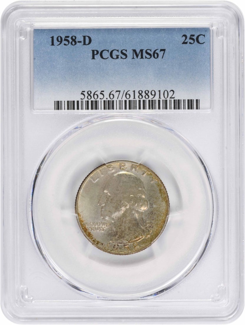 1958-D Washington Quarter MS67 PCGS: 1958-D Washington Quarter MS67 PCGS The 1958-D Washington Quarter MS67 PCGS boasts exceptional condition, with its high grade reflecting the coin's remarkable preservation. Certified by the PCGS as an