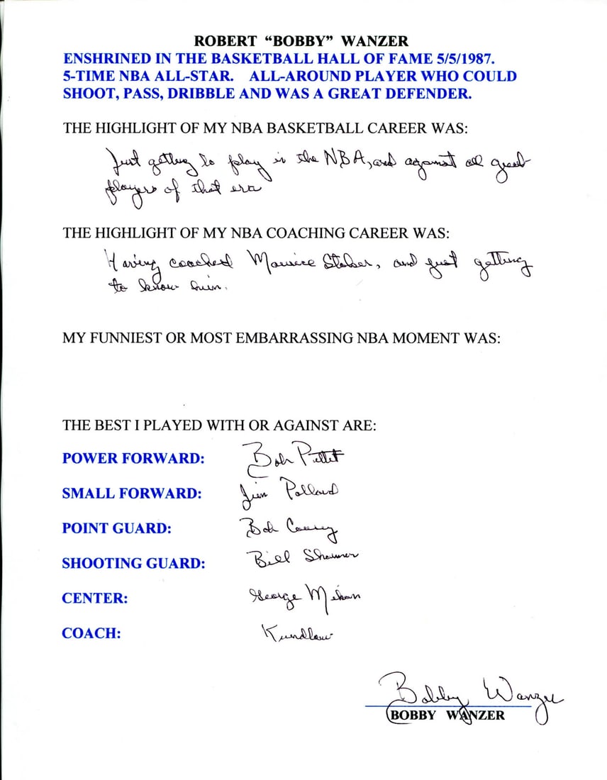 Bobby Wanzer Autographed Hand Filled Out Survey Page (JSA): Bobby Wanzer Autographed Hand Filled Out Survey Page (JSA) Item Specifics: Brand: James Spence Authentication (JSA) Bobby Wanzer Autographed Hand Filled Out Survey Page Signed and filled out in black 