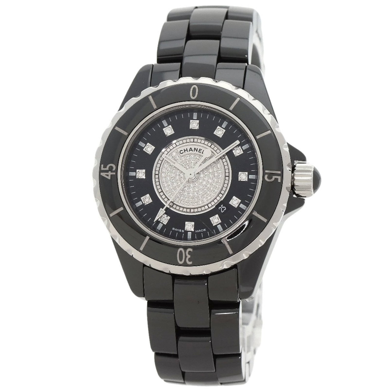 Chanel Wristwatch: Chanel Wristwatch Ceramic case and band give this Chanel wristwatch a sleek, modern look. With its self-winding automatic movement and black dial, it's a stylish timepiece that makes a statement. Meas