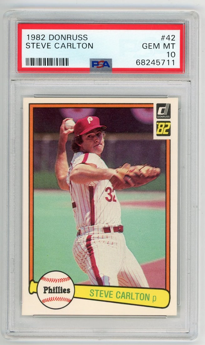 Steve Carlton Donruss 1982 #42 PSA MT 10: Steve Carlton Donruss 1982 #42 PSA MT 10 PSA MT 10 graded, the 1982 Donruss #42 card featuring Steve Carlton showcases exceptional condition with minimal wear. This rare baseball card is a highly soug