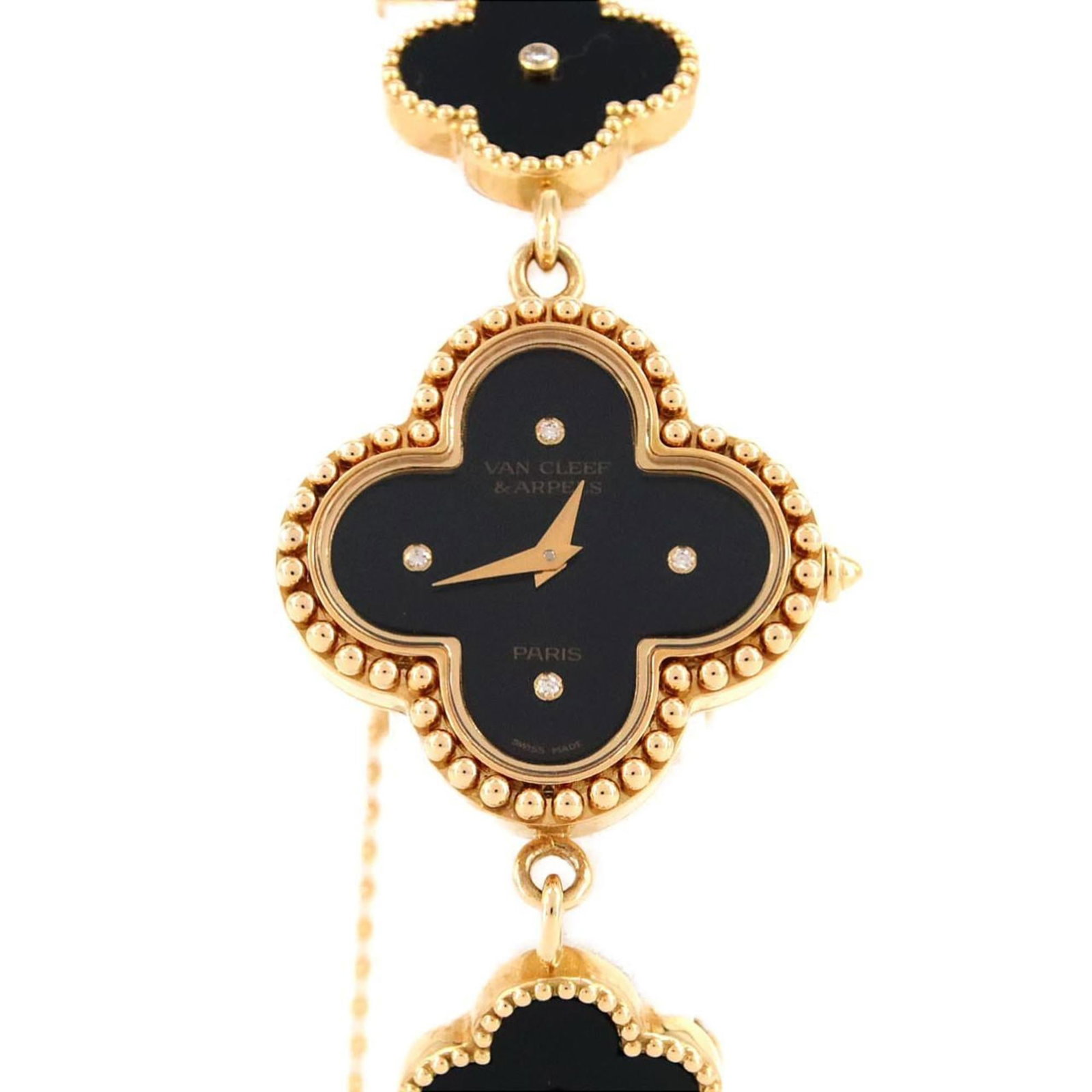 Van Cleef & Arpels Wristwatch: Van Cleef & Arpels Wristwatch Yellow gold Van Cleef & Arpels Alhambra wristwatch features a black dial and diamond, onyx accents. Quartz movement powers the timepiece, which sits comfortably at 17.5cm