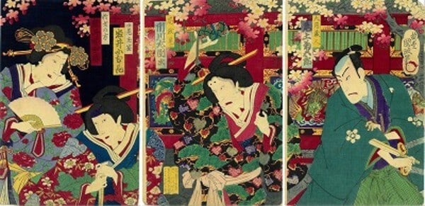 Japanese woodblock print yakusha kabuki actor baido kunimasa 1879 triptych (1 of 1)