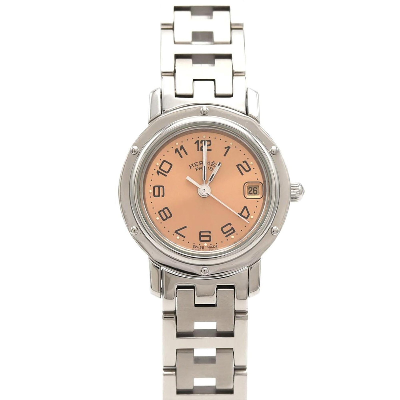 Hermes Wristwatch: Hermes Wristwatch Stainless steel case and band provide a sleek, modern look for the pink quartz dial. The 24mm diameter case fits wrists up to 15cm in size, making it suitable for most women's wrist 
