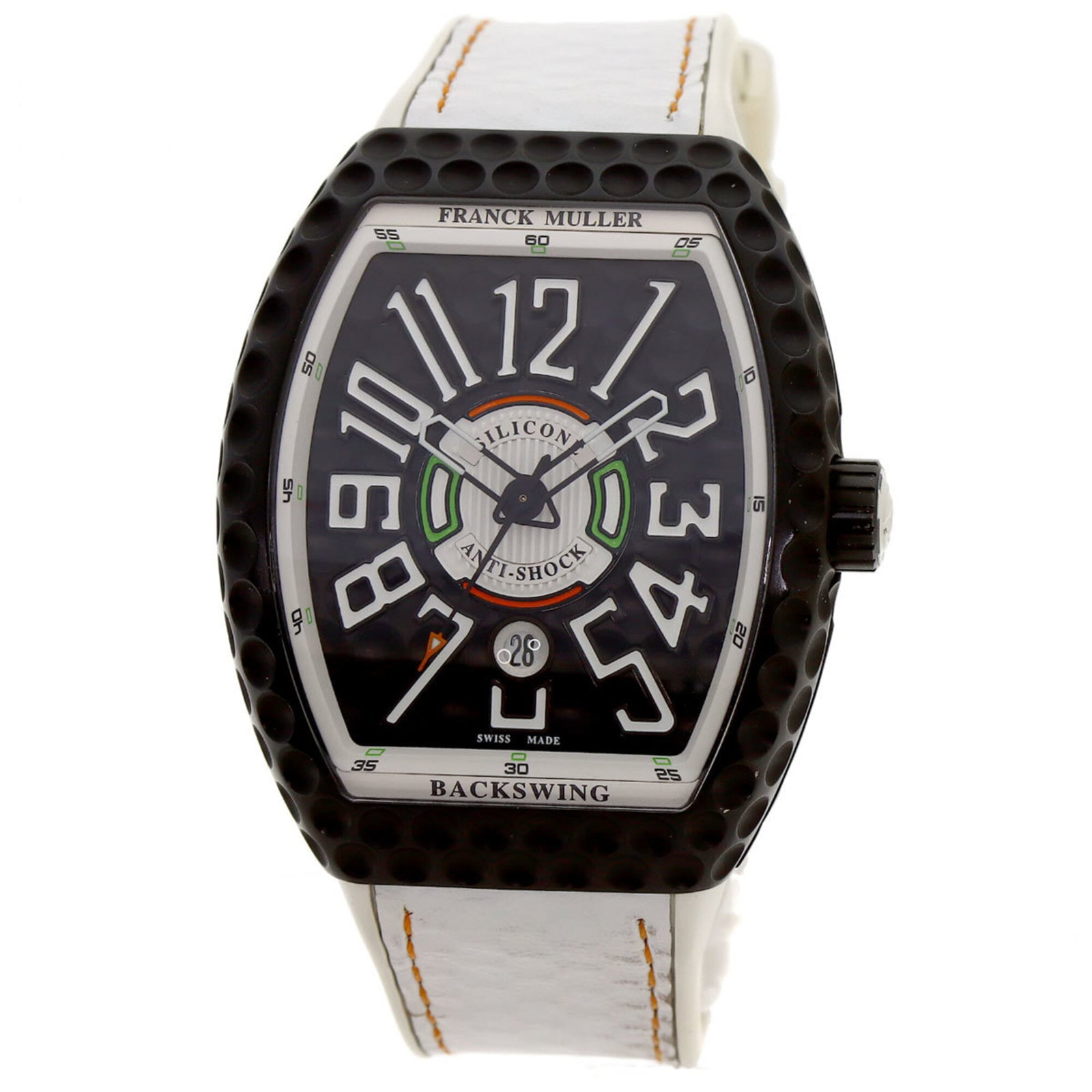 Franck Muller Wristwatch: Franck Muller Wristwatch Titanium case and rubber band provide a sleek, sporty feel to this Franck Muller watch. The self-winding automatic movement powers the timepiece, while a black dial adds a tou