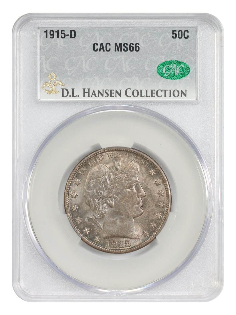 1915-D 50C CACG MS66 ex: D.L. Hansen - Barber Half Dollar - Original Gem: 1915-D 50C CACG MS66 ex: D.L. Hansen - Barber Half Dollar - Original Gem The 1915-D Barber Half Dollar, graded MS66 by CACG, boasts exceptional luster and detail, with its original mint state conditio