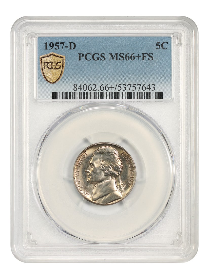 1957-D 5C PCGS MS66+FS - Jefferson Nickel: 1957-D 5C PCGS MS66+FS - Jefferson Nickel 1957-D Jefferson Nickel, graded MS66+ by PCGS. This uncirculated coin boasts exceptional detail and luster, showcasing the Denver mint's signature style. Cert