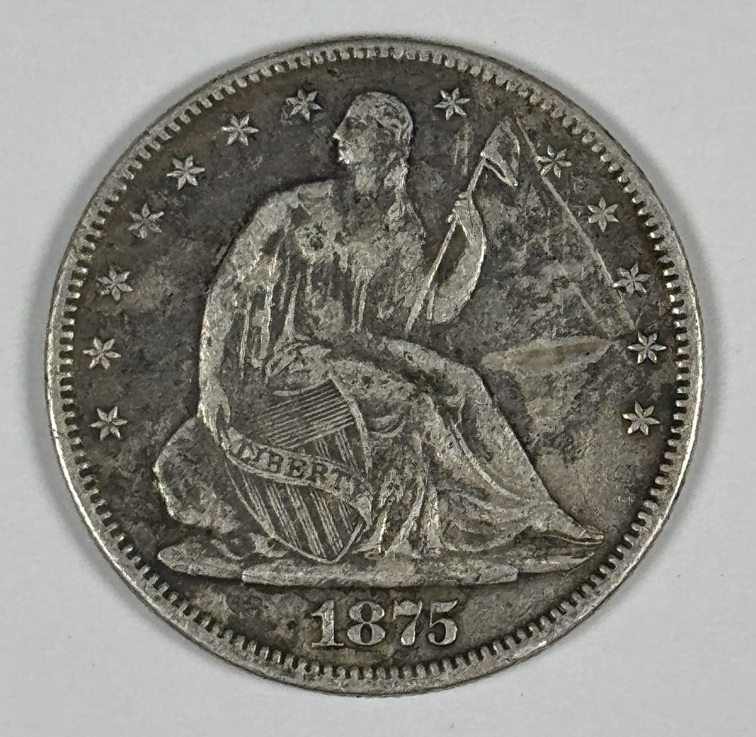 SEATED LIBERTY HALF DOLLAR 1875 CC DETAILS XF DAMAGE: SEATED LIBERTY HALF DOLLAR 1875 CC DETAILS XF DAMAGE The 1875 CC Seated Liberty Half Dollar features distinctive details, including its Carson City mint mark and XF damage. This circulated coin showca