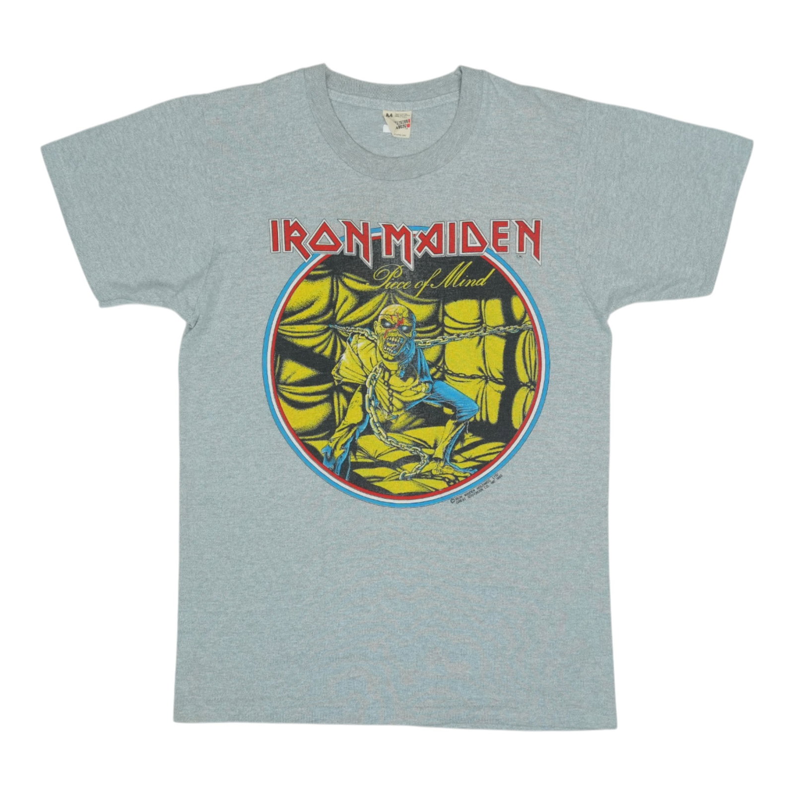 Piece of Mind Iron Maiden Tour Shirt: Piece of Mind Iron Maiden Tour Shirt Authentic Piece of Mind Iron Maiden Tour Shirt. This rare tour shirt from the iconic Piece of Mind era features Iron Maiden's signature logo and design, a must-hav