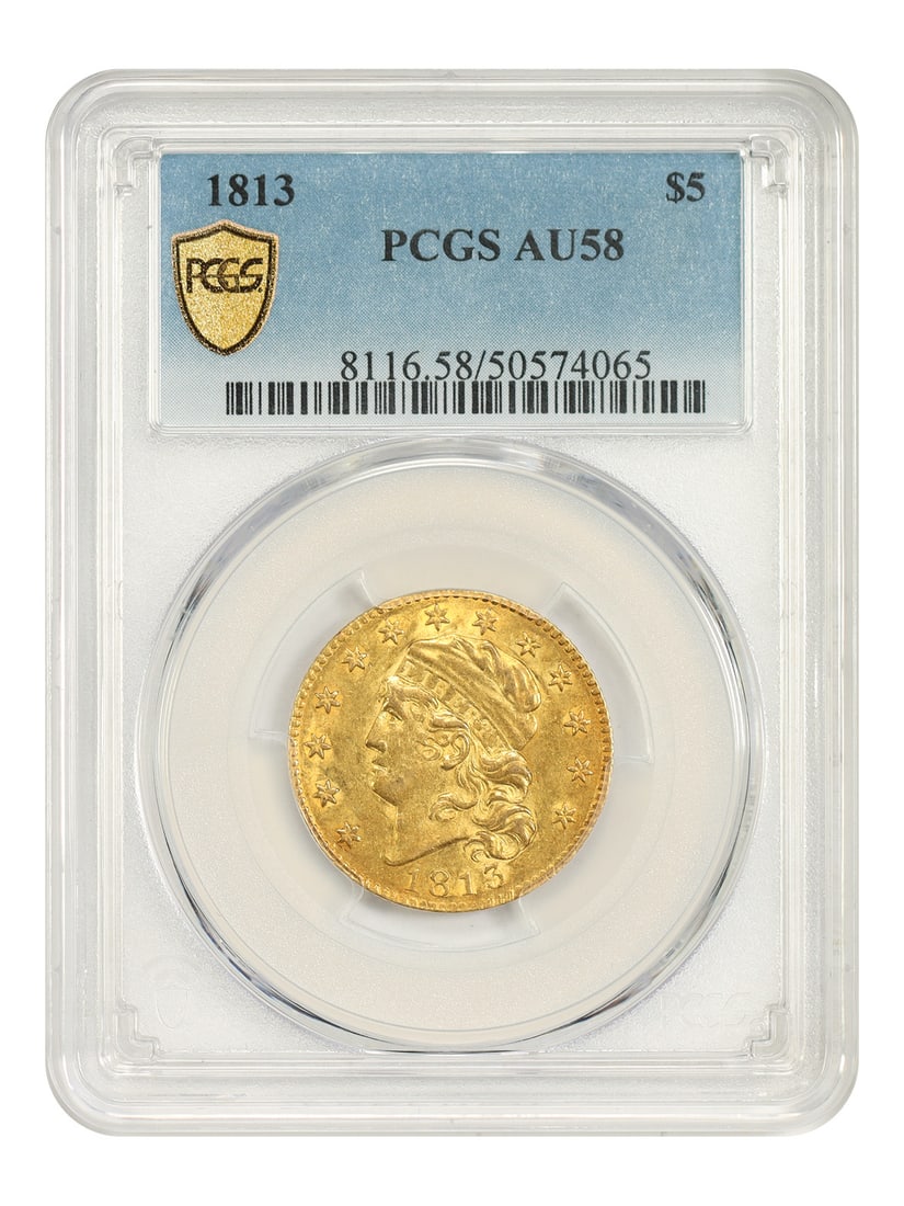 1813 $5 PCGS AU58 - Capped Bust $5: 1813 $5 PCGS AU58 - Capped Bust $5 The 1813 $5 Capped Bust half dollar features an AU58 grade from PCGS, indicating a high level of preservation and detail. This circulated coin showcases the iconic d