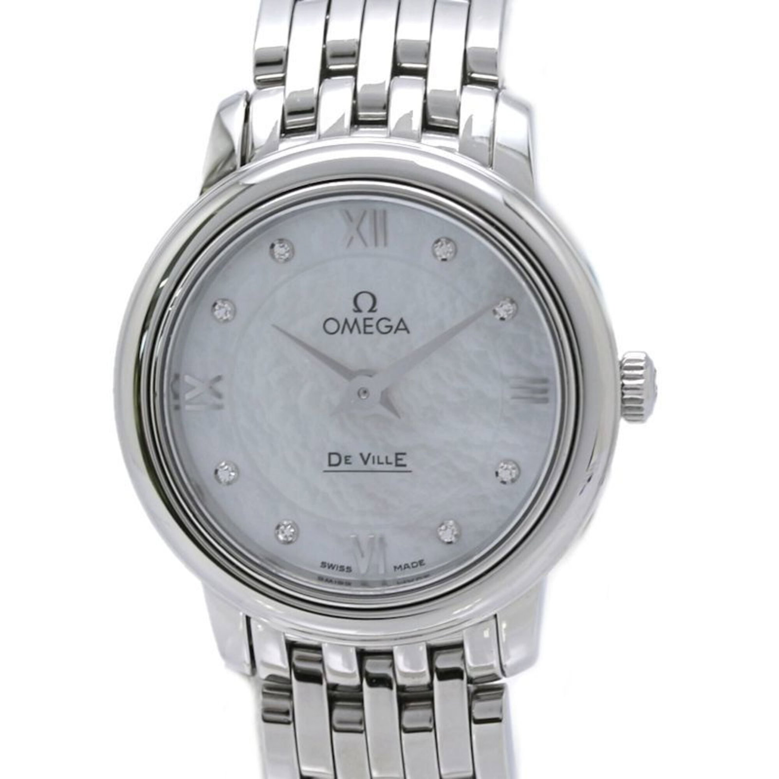 Omega Wristwatch: Omega Wristwatch Stainless steel case and band, featuring a white shell dial, this Omega wristwatch boasts a sleek design. Powered by a reliable quartz movement, it measures 24mm in diameter and fits 