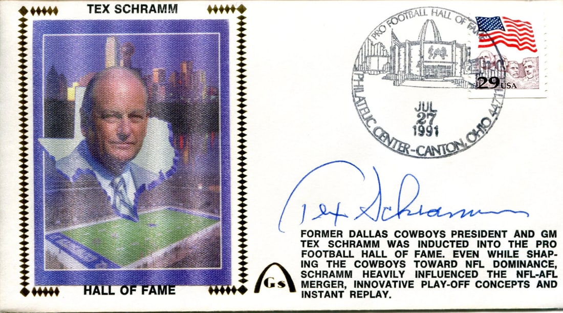 Autographed First Day Cover July 27th by PSA Schramm Tex: Autographed First Day Cover July 27th by PSA Schramm Tex Item Specifics: Brand: Professional Sports Authenticator (PSA) Tex Schramm Autographed July 27th, 1991 First Day Cover (PSA) Signed in blue pen