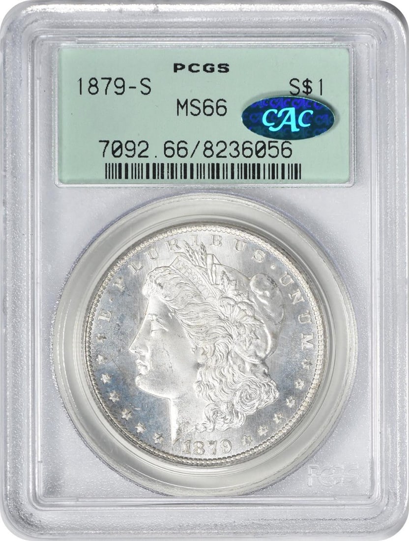 1879-S Morgan Silver Dollar MS66 PCGS OGH (CAC): 1879-S Morgan Silver Dollar MS66 PCGS OGH (CAC) The 1879-S Morgan Silver Dollar MS66 PCGS OGH (CAC) boasts exceptional condition, with its PCGS certification verifying it as an uncirculated coin in ne