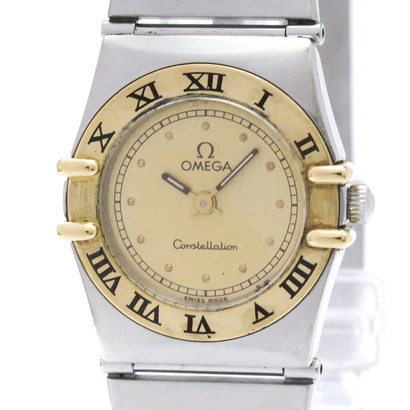 Omega Wristwatch: Omega Wristwatch Stainless steel and yellow gold (18K) combine in the Omega Constellation watch, featuring a sleek 22mm case diameter. The quartz movement ensures reliable timekeeping, while the gold 