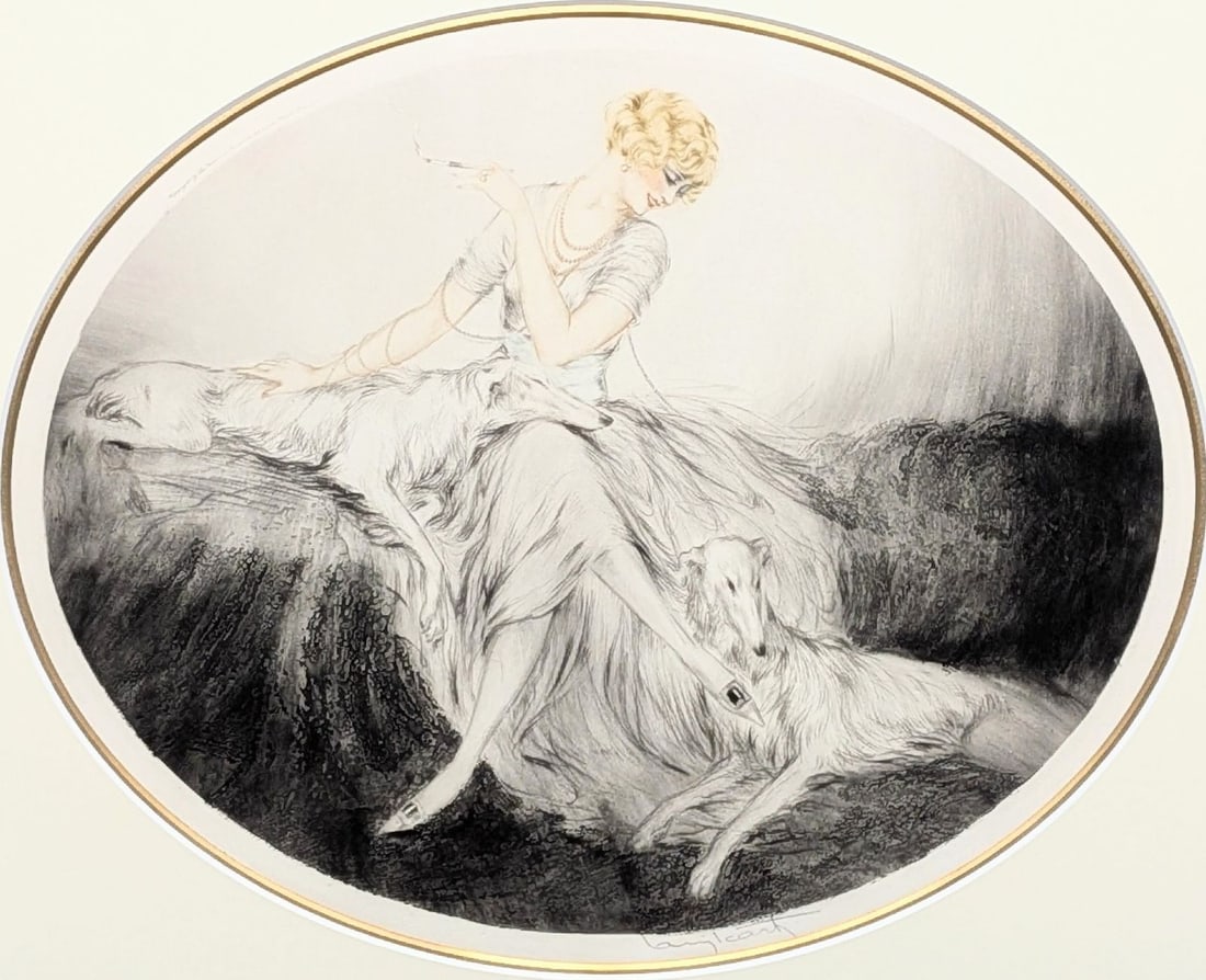 Borzoi Dog Woman Etching 1923 Signed Art Deco Louis Icart: Borzoi Dog Woman Etching 1923 Signed Art Deco Louis Icart Item Specifics: Artist: Louis Icart Unit Of Sale: Single Piece Signed By: Louis Icart Size: Medium Signed: Yes Color: Multi-Color Date Of Crea
