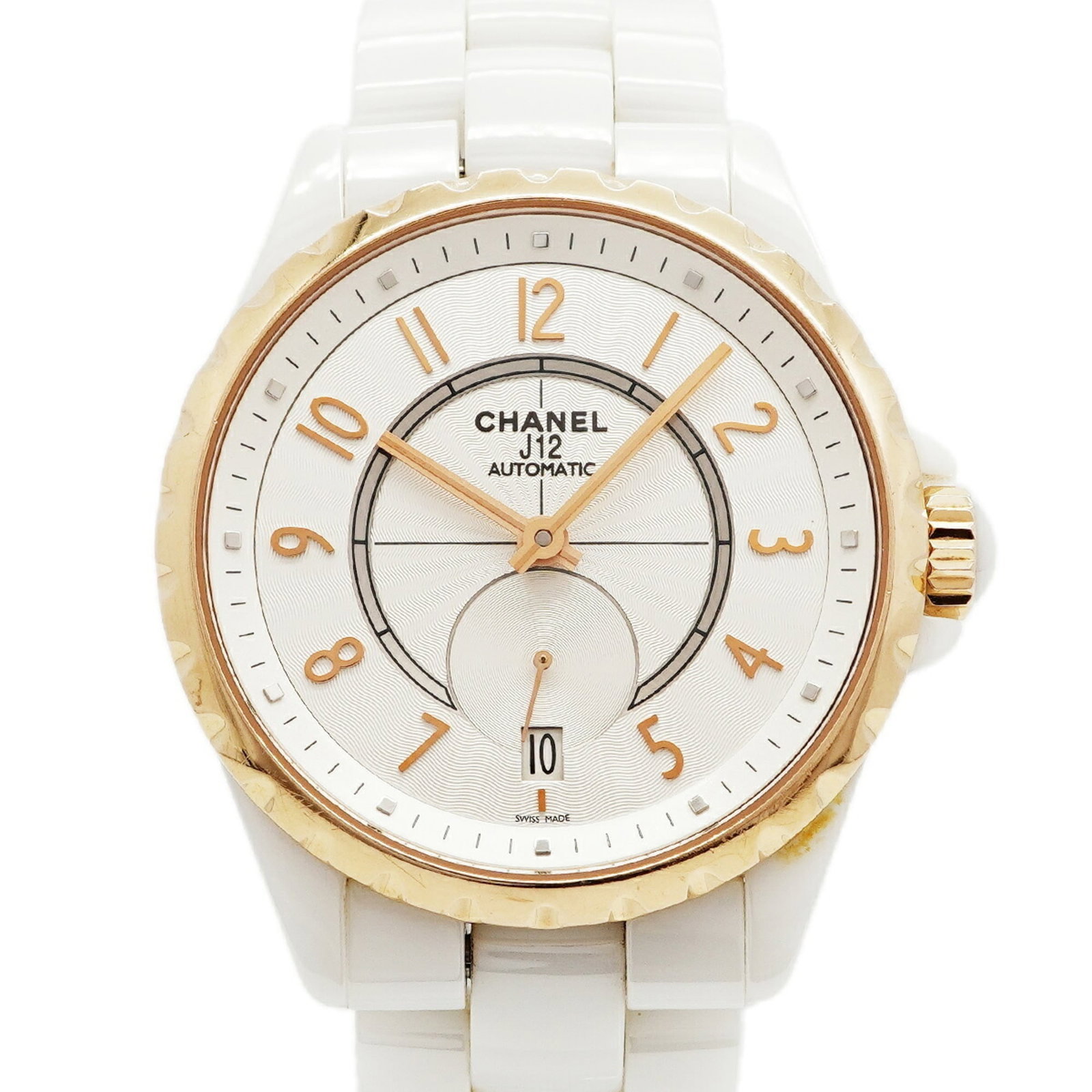 Chanel Wristwatch: Chanel Wristwatch Ceramic band and silver dial make for a sleek, modern look in this Chanel wristwatch. The self-winding automatic movement keeps time with precision, while the 37.3mm case diameter fi