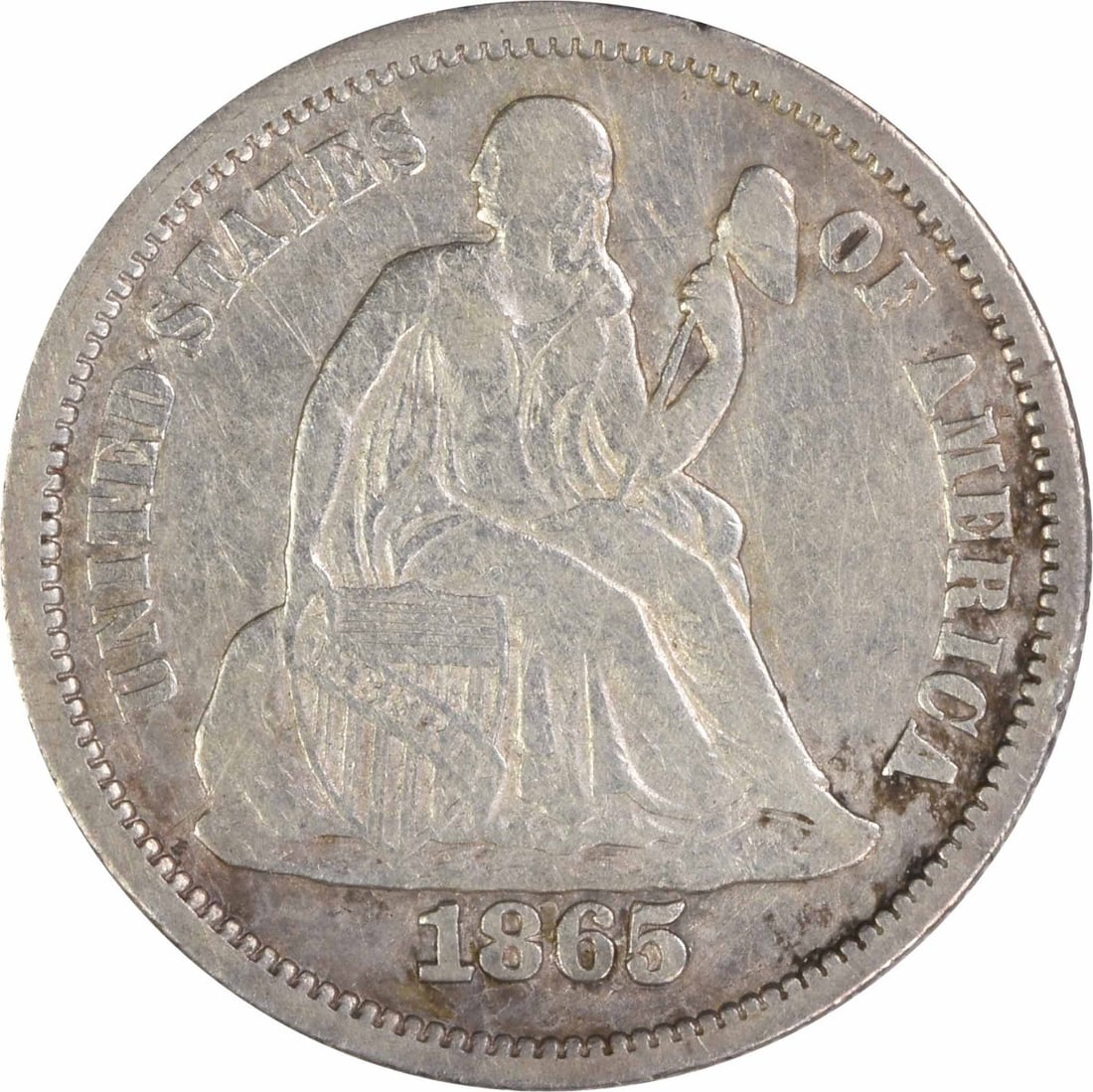 1865 Liberty Seated Silver Dime VF Uncertified: 1865 Liberty Seated Silver Dime VF Uncertified The 1865 Liberty Seated Silver Dime is a rare and historic coin, featuring Seated Liberty on the obverse and an eagle on the reverse. Made from silver, t