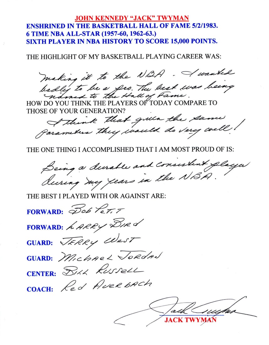 Hand filled out survey page by Jack Twyman autographed: Hand filled out survey page by Jack Twyman autographed Item Specifics: Brand: James Spence Authentication (JSA) Jack Twyman Autographed Hand Filled Out Survey Page Signed and filled out in black pen a