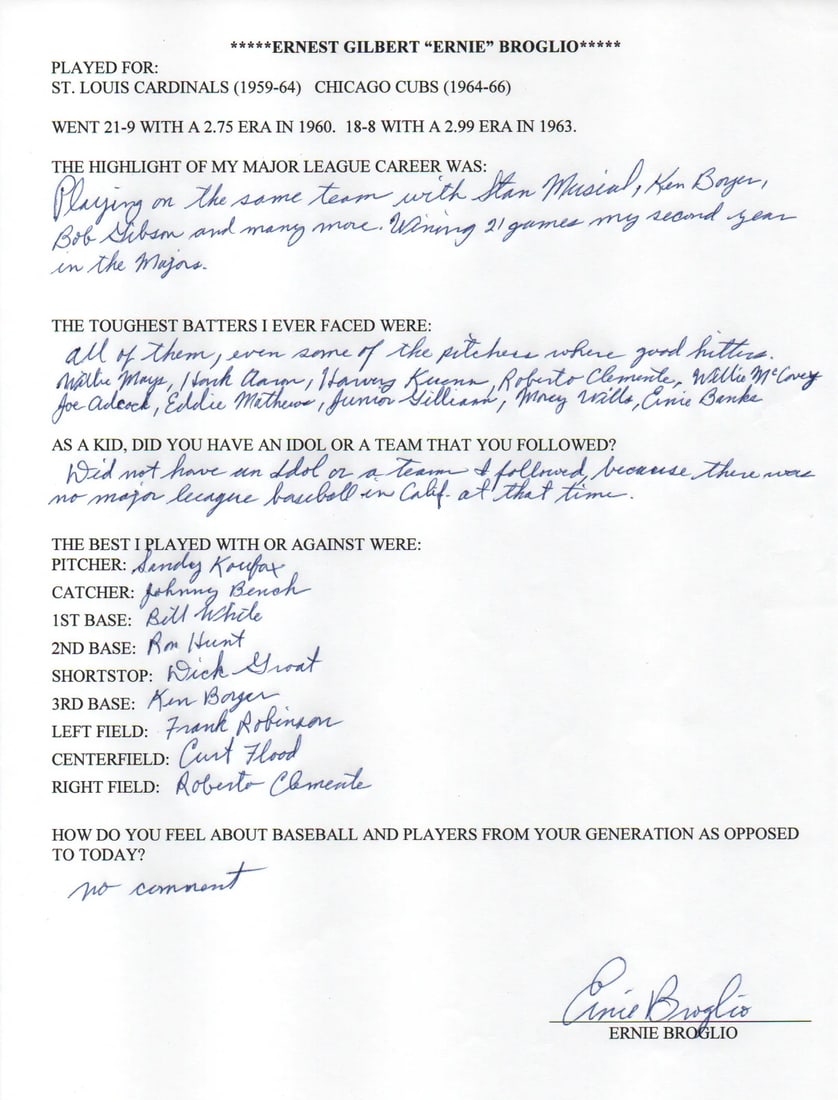 Survey page autographed by ernie broglio filled out: Survey page autographed by ernie broglio filled out Survey page autographed by Ernie Broglio filled out in blue pen, bearing the authentication of James Spence Authentication (JSA) with a Certificate 