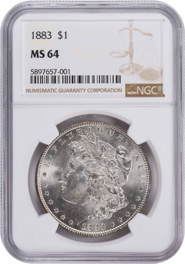 1883 Morgan Silver Dollar MS64 NGC: 1883 Morgan Silver Dollar MS64 NGC MS64 certified Morgan Silver Dollar from 1883, showcasing its exceptional condition with a reeded edge and no mint mark. This circulated uncirculated coin features G