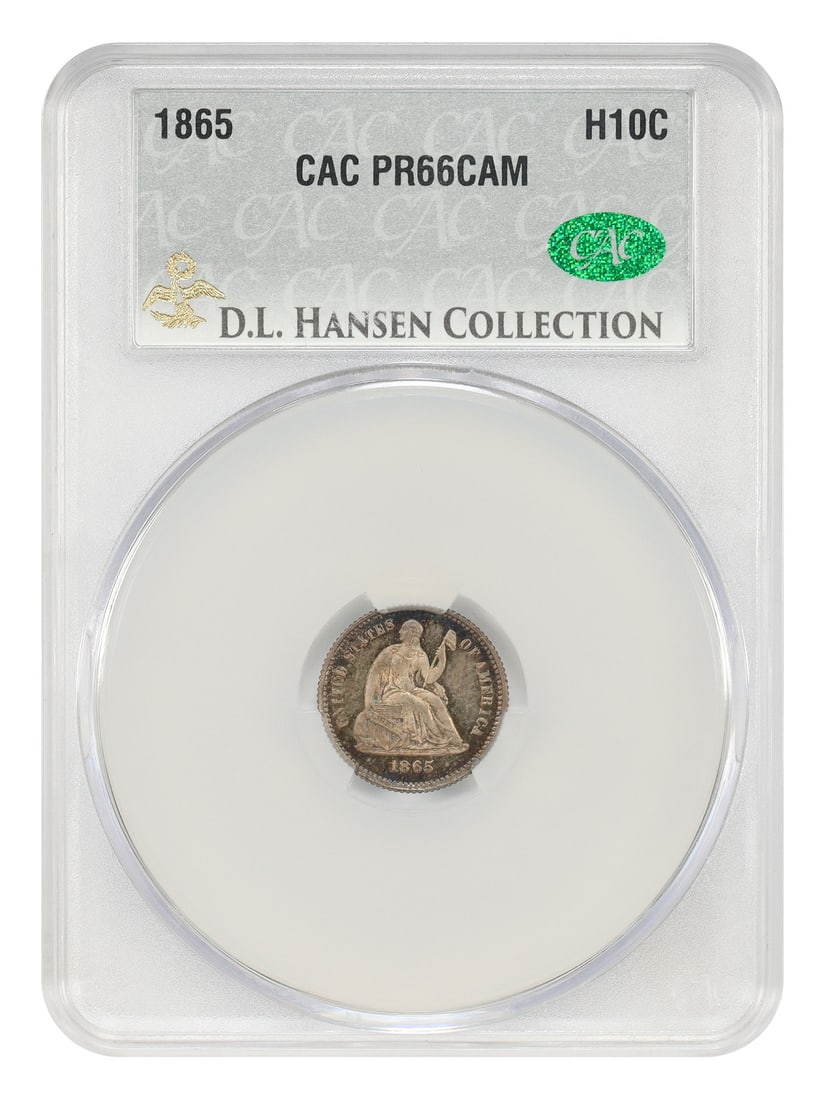 1865 H10C CACG PR66CAM ex: D.L. Hansen - Liberty Seated Half Dime: 1865 H10C CACG PR66CAM ex: D.L. Hansen - Liberty Seated Half Dime The 1865 H10C CACG PR66CAM ex: D.L. Hansen Liberty Seated Half Dime boasts a high level of preservation, with its circulated status an