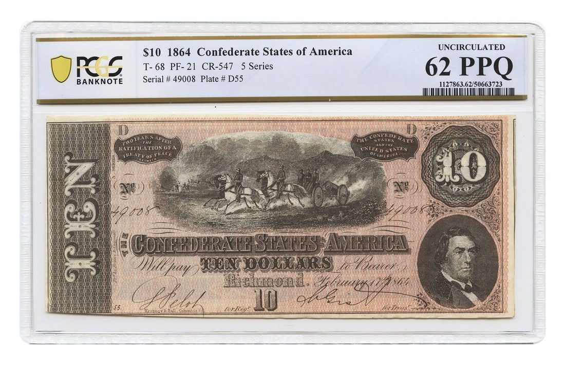 T-68 1864 $10 CSA PCGS UNC62 EPQ - $10 - Popular Confederate Issue: T-68 1864 $10 CSA PCGS UNC62 EPQ - $10 - Popular Confederate Issue The T-68 $10 CSA, minted in 1864, boasts an impressive PCGS UNC62 EPQ grade, showcasing its exceptional condition. This popular Confe