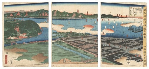1860 Yoshitora Ukiyo e Triptych View of Yokohama Kanagawa Woodblock Print (1 of 1)