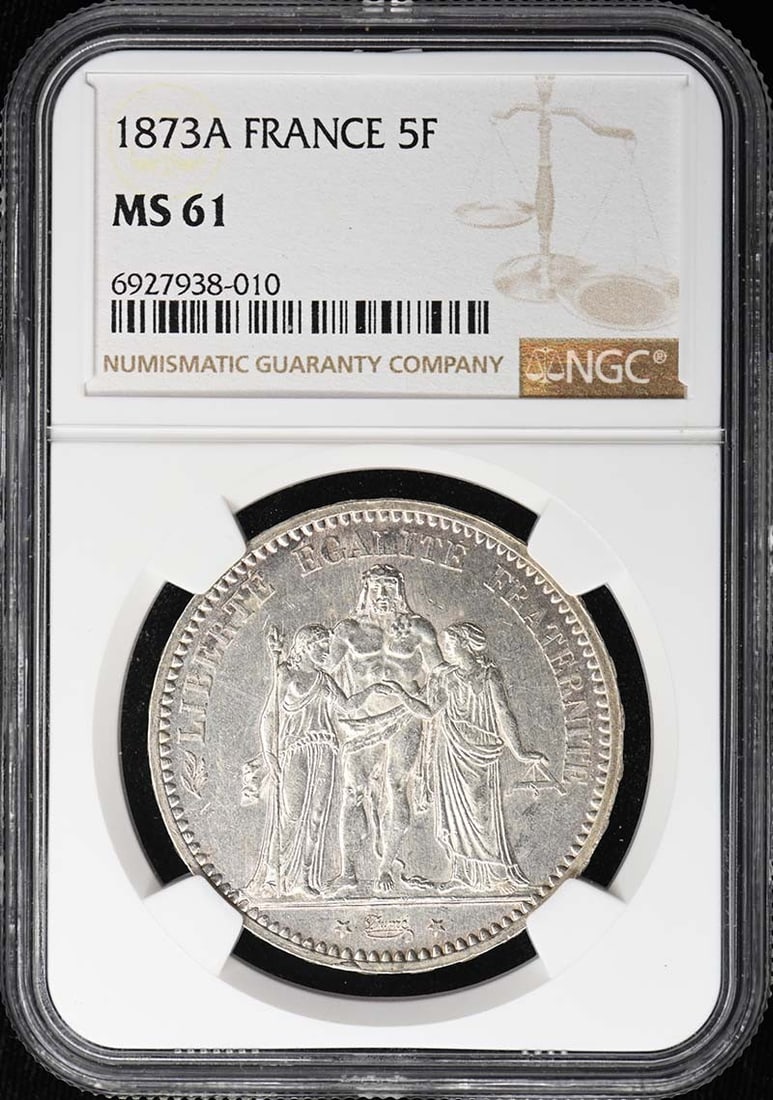 FRANCE 5F NGC MS61: FRANCE 5F NGC MS61 The FRANCE 5F NGC MS61 is an uncirculated coin from the year 1873, graded MS61 by the Numismatic Guaranty Corporation (NGC). This coin bears a high level of detail and luster, showc