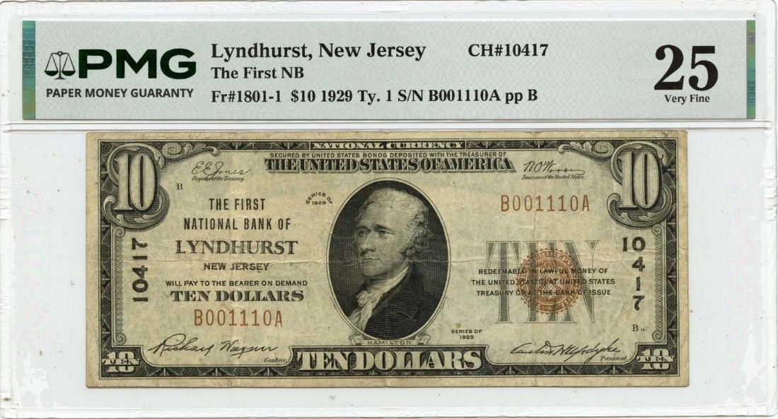 1929 $10 National FR#1801-1 First NB Lyndhurst, NJ CH#10417 PMG VF25 8 Known: 1929 $10 National FR#1801-1 First NB Lyndhurst, NJ CH#10417 PMG VF25 8 Known Item Specifics: Denomination: 1801-1 Year: 1929 Grade: VF25 Certification: PMG Circulated/Uncirculated: Circulated Certific