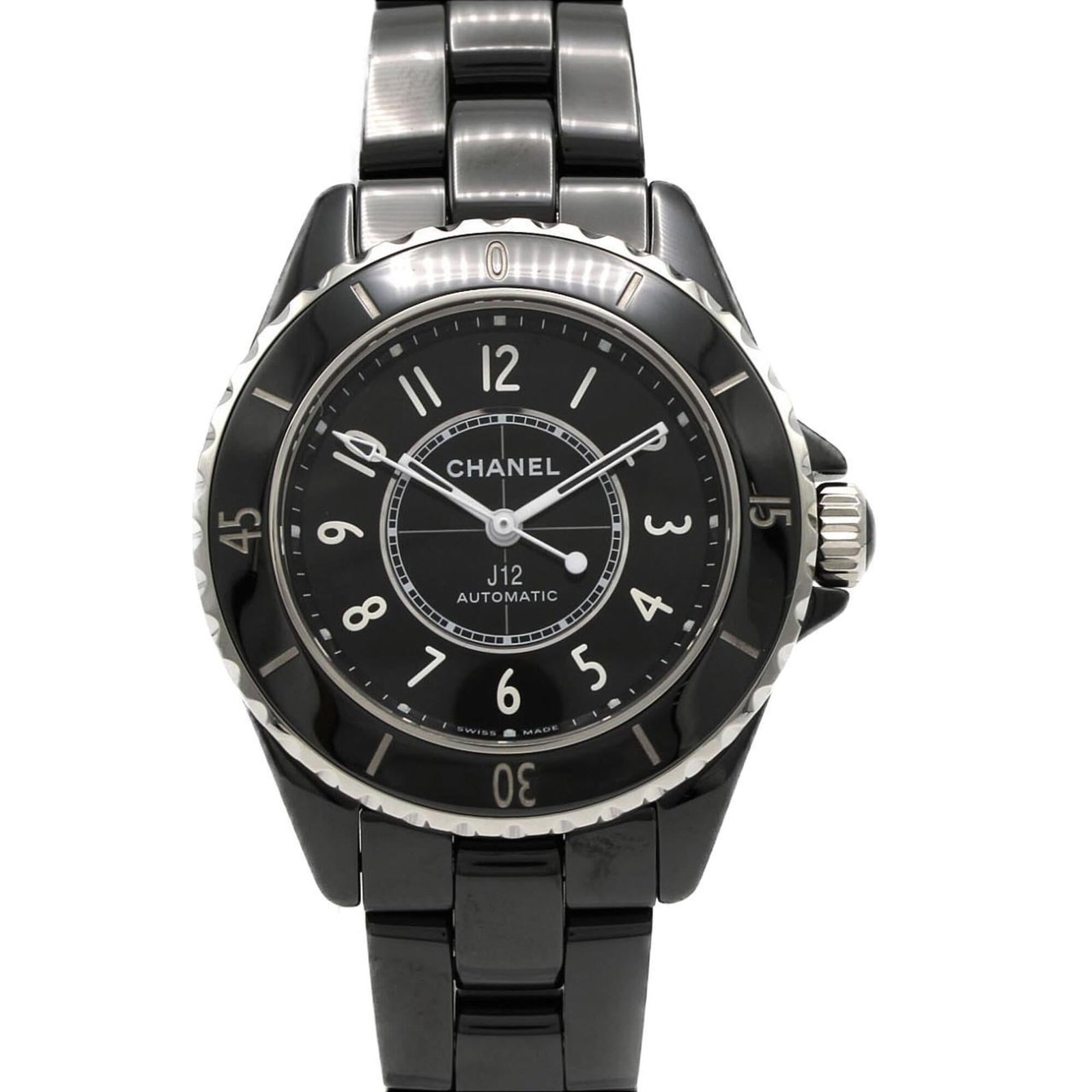 Chanel Wristwatch: Chanel Wristwatch Ceramic case and band create a sleek, modern look for this Chanel wristwatch. Featuring a self-winding automatic movement and black dial, it boasts a distinctive design that stands o