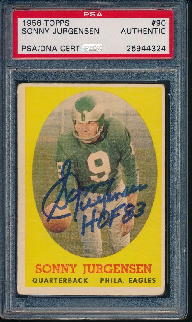 Signed Rookie Topps Card Sonny Jurgensen Insc 1958 PSA DNA 186382 Eagles: Signed Rookie Topps Card Sonny Jurgensen Insc 1958 PSA DNA 186382 Eagles Item Specifics: Original/Reprint: Original Product: Photo Sport: Football Productname: Sonny Jurgensen HOF Signed/Insc 1958 Top