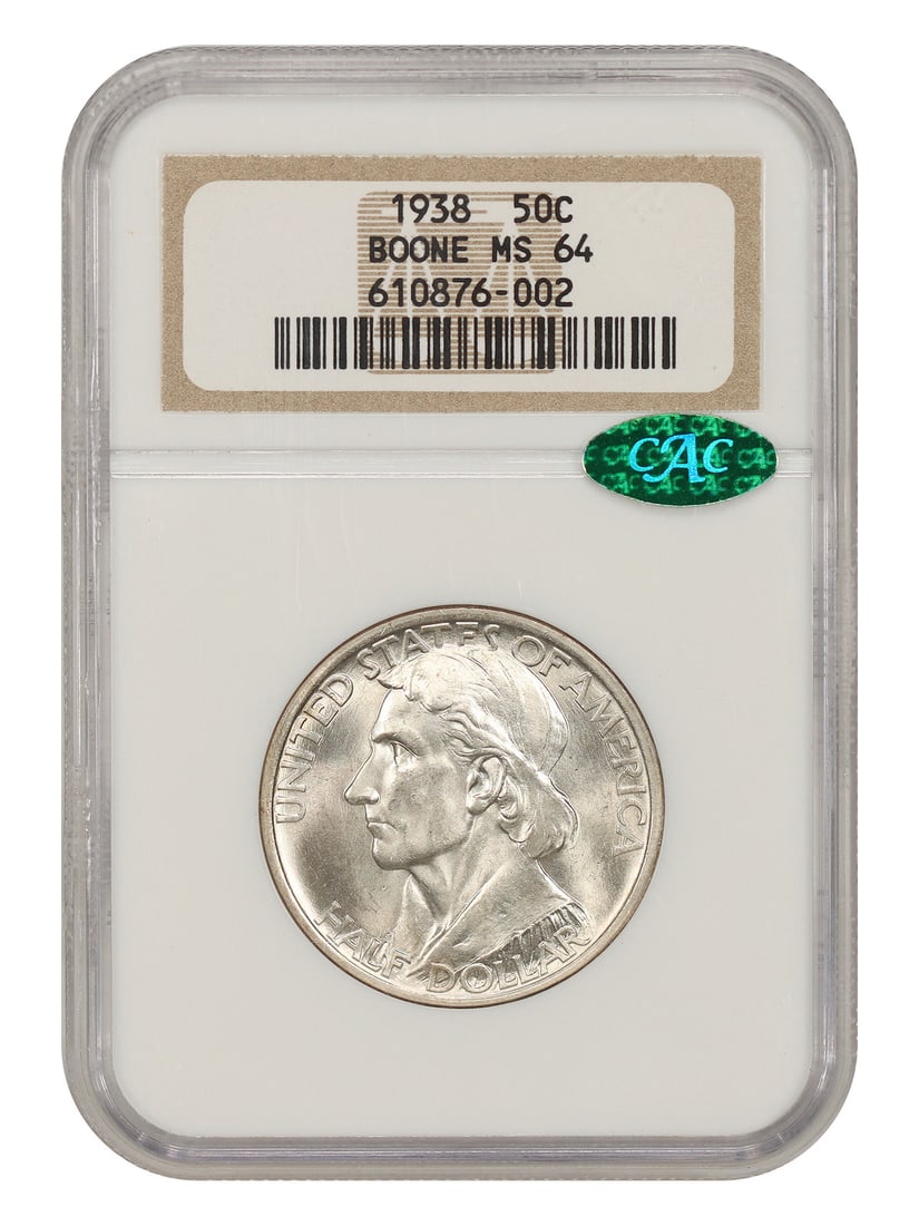 1938 50C Boone NGC/ CAC MS64 - Classic Silver Commemorative - Low Mintage Issue: 1938 50C Boone NGC/ CAC MS64 - Classic Silver Commemorative - Low Mintage Issue The 1938 50C Boone commemorative coin features a striking design, bearing the signature of its artist. Mintage was limit