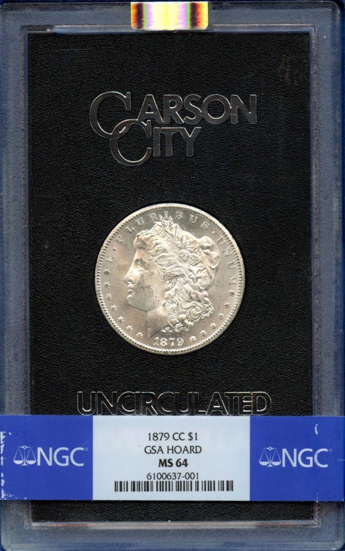 CC Morgan Dollar HOARD S$1 GSA 1879 NGC MS64: CC Morgan Dollar HOARD S$1 GSA 1879 NGC MS64 CC Morgan Dollar, 1879, NGC MS64. This uncirculated coin features the iconic design of the Morgan Dollar, minted in Carson City. Certified by the Numismati