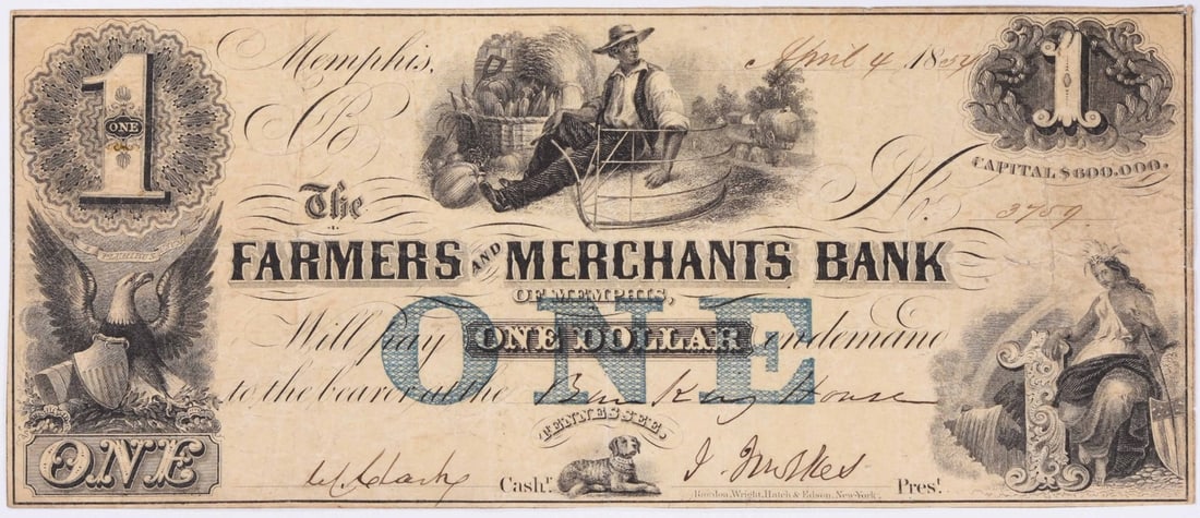 $1 Farmers & Merchants Bank Tennessee Blue TN1090-05 EF Uncertified: $1 Farmers & Merchants Bank Tennessee Blue TN1090-05 EF Uncertified This $1 Farmers & Merchants Bank Tennessee Blue note features an EF (Extremely Fine) grade and is in circulated condition. The Tenne