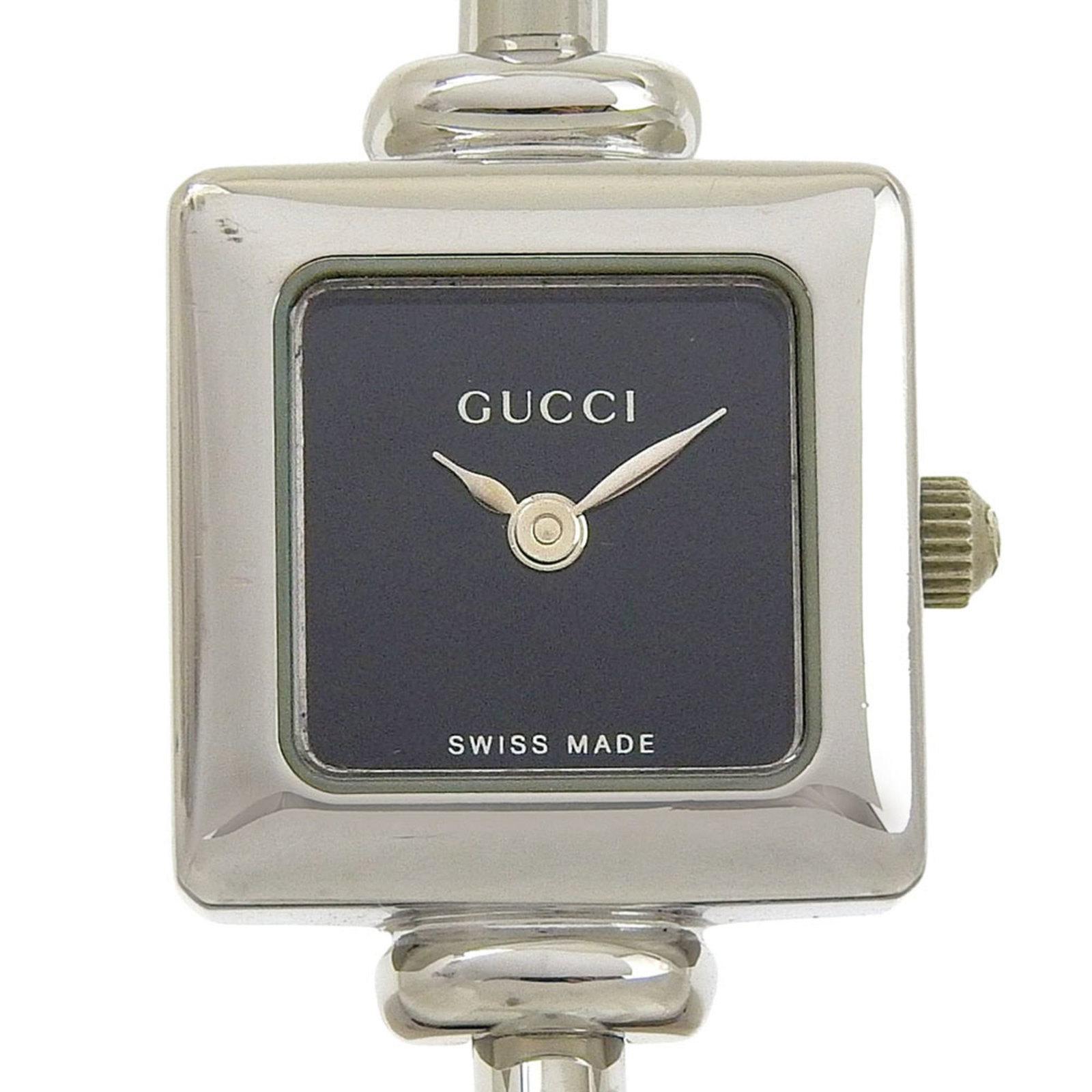Wristwatch from Gucci: Wristwatch from Gucci Stainless steel case and band add a sleek touch to this black quartz wristwatch from Gucci, featuring a classic design with a 19mm diameter. The watch's compact size makes it
