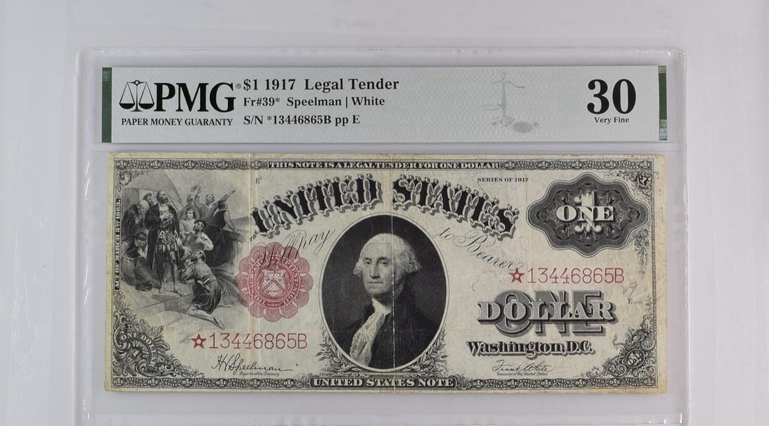 1917 $1 LEGAL TENDER STAR NOTE PMG 30 FR#39*: 1917 $1 LEGAL TENDER STAR NOTE PMG 30 FR#39* This 1917 $1 Legal Tender Star Note features a distinctive star watermark and has been certified by PMG as Grade 30. Circulated from the United States, it