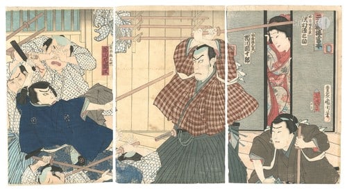 Kunichika Japanese Woodblock Print 1888 Kabuki Miyamoto Musashi Triptych Oban: Kunichika Japanese Woodblock Print 1888 Kabuki Miyamoto Musashi Triptych Oban Item Specifics: Artist: Toyohara Kunichika Subject: Kabuki Samurai Miyamoto Musashi Material: Paper Style: Japanese Year O
