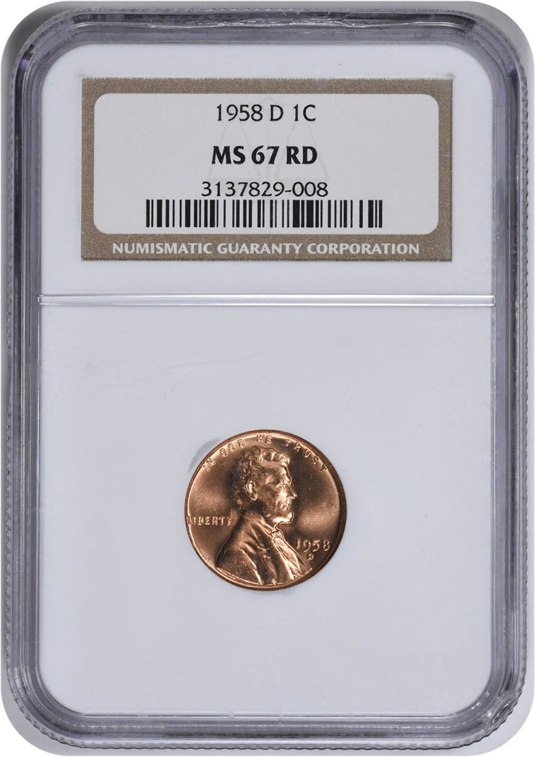 Lincoln Cent MS67RD 1958-D NGC: Lincoln Cent MS67RD 1958-D NGC MS67RD Lincoln Cent Uncirculated, certified by NGC, showcases the intricate details of Victor David Brenner's design. This 1958-D coin boasts a striking appearance with 
