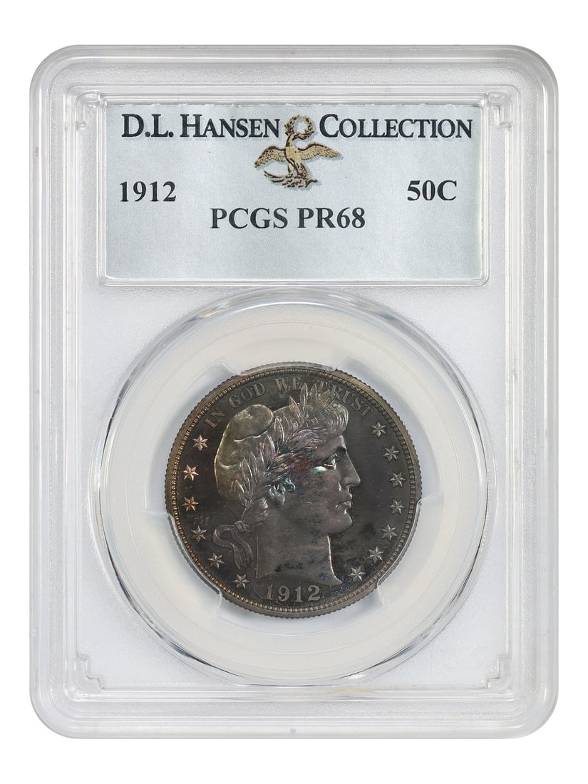 1912 50C PCGS PR68 ex: D.L. Hansen - Barber Half Dollar - Tied for Finest Known!: 1912 50C PCGS PR68 ex: D.L. Hansen - Barber Half Dollar - Tied for Finest Known! Tied for Finest Known, this 1912 Barber Half Dollar boasts an impressive PCGS PR68 grade, showcasing exceptional condit