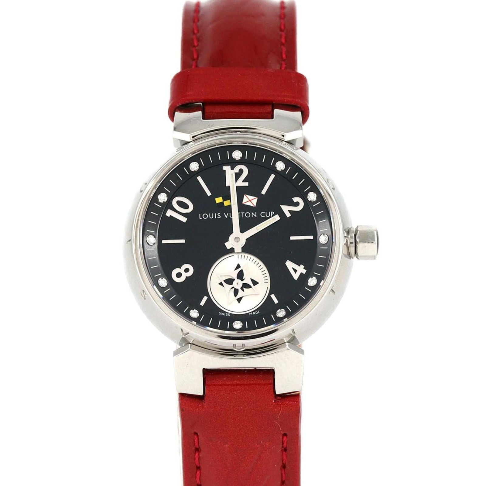 Louis Vuitton Wristwatch: Louis Vuitton Wristwatch Stainless steel case with a sleek black dial, adorned with a diamond gemstone, adds a touch of sophistication to this Louis Vuitton women's wristwatch. The quartz movement ens