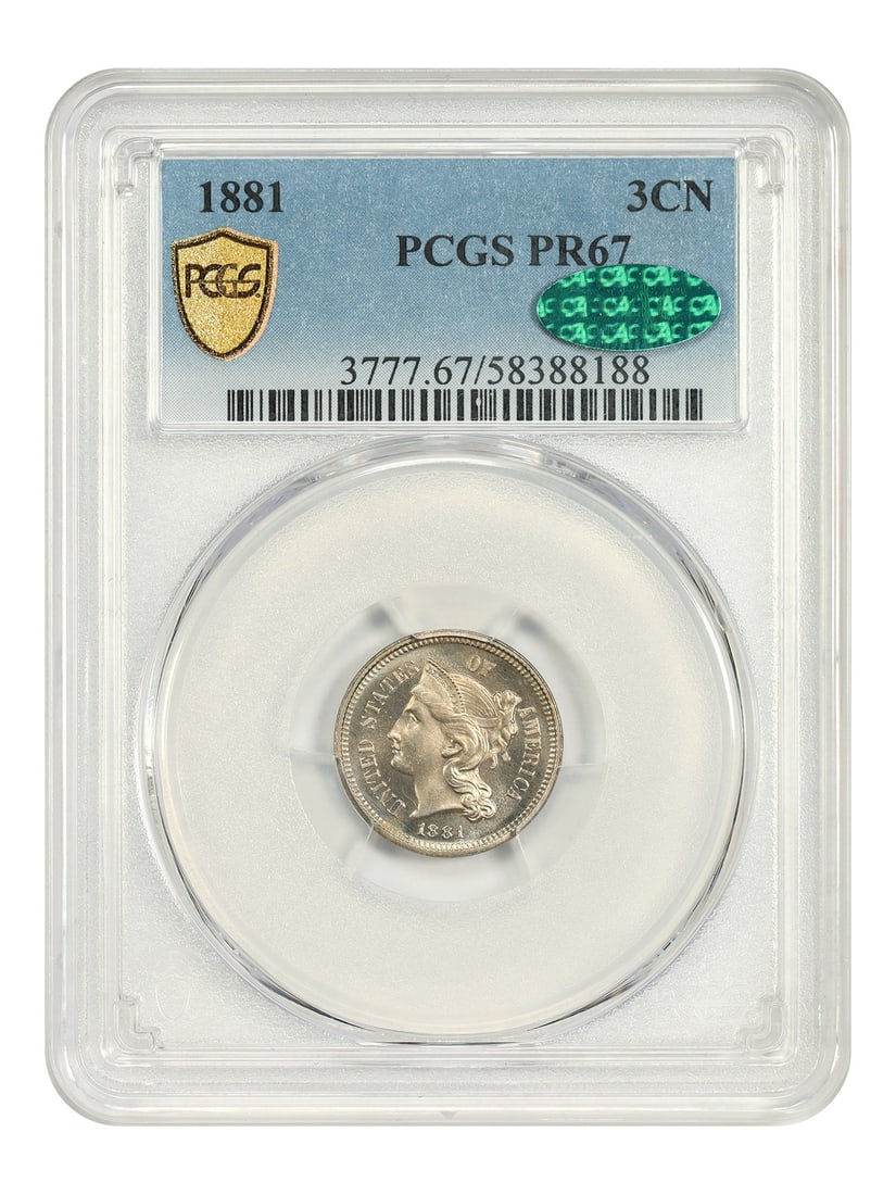PCGS CAC PR67 Three Cent Nickel 1881: PCGS CAC PR67 Three Cent Nickel 1881 The PCGS CAC PR67 Three Cent Nickel 1881 is an uncirculated coin with a high level of preservation, graded by the Professional Coin Grading Service (PCGS) as PR67.