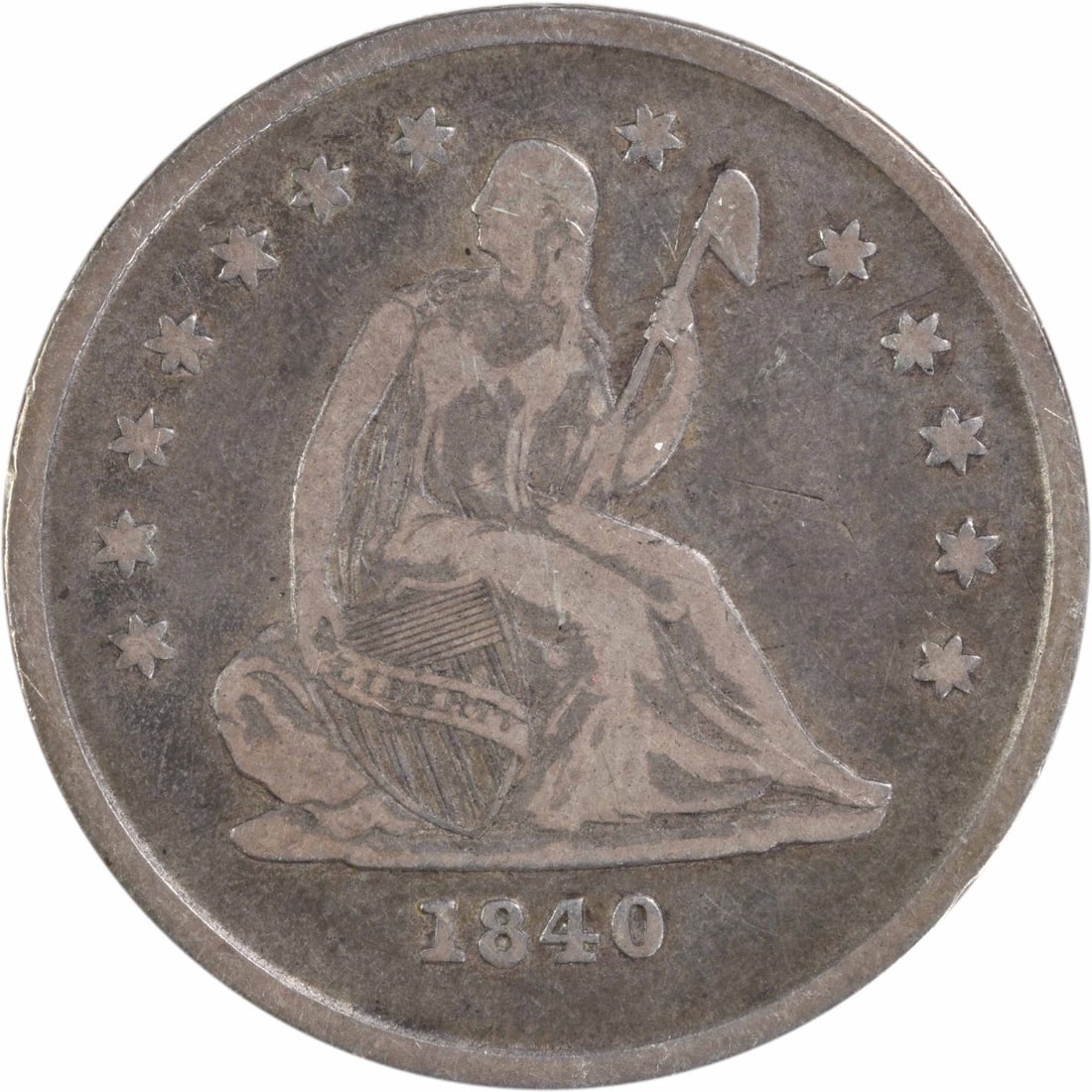 1840-O Liberty Seated Silver Quarter No Drapery Choice F Uncertified: 1840-O Liberty Seated Silver Quarter No Drapery Choice F Uncertified 1840-O Liberty Seated Silver Quarter No Drapery Choice F Uncertified - A circulated example from the early days of American coinage