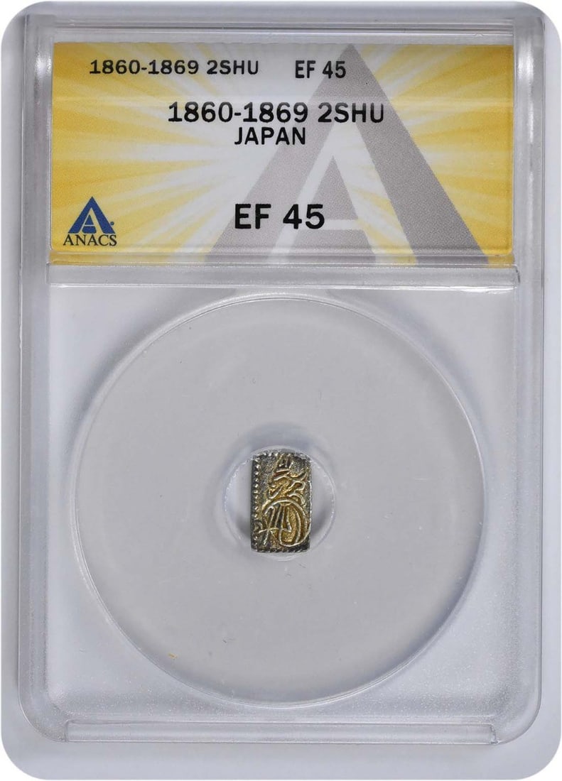 EF45 1860-1869 Japan ANACS Shu 2 Shogunate: EF45 1860-1869 Japan ANACS Shu 2 Shogunate EF45 1860-1869 Japan ANACS Shu 2 Shogunate Gold Coin - A circulated example from the Shu 2 period, featuring a high grade EF45 condition with notable details
