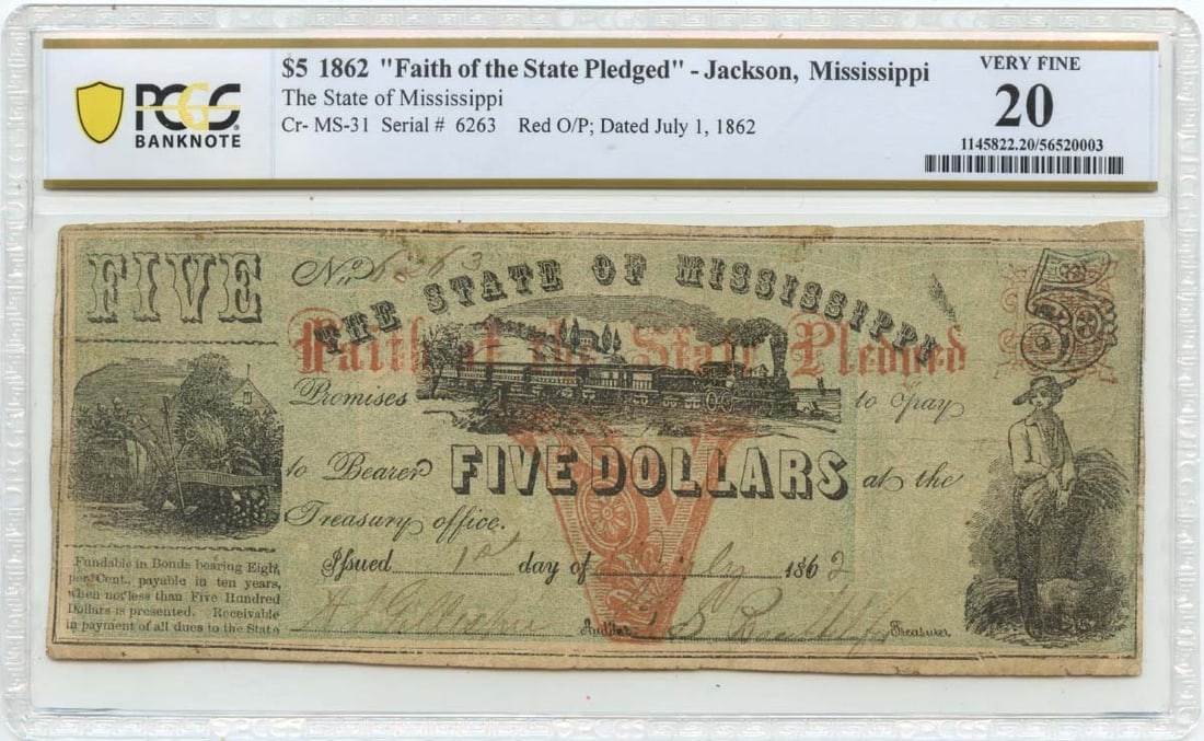 1862 $5 Jackson, Mississippi Obsolete Note State of Mississippi PCGS VF20 (1 of 1)