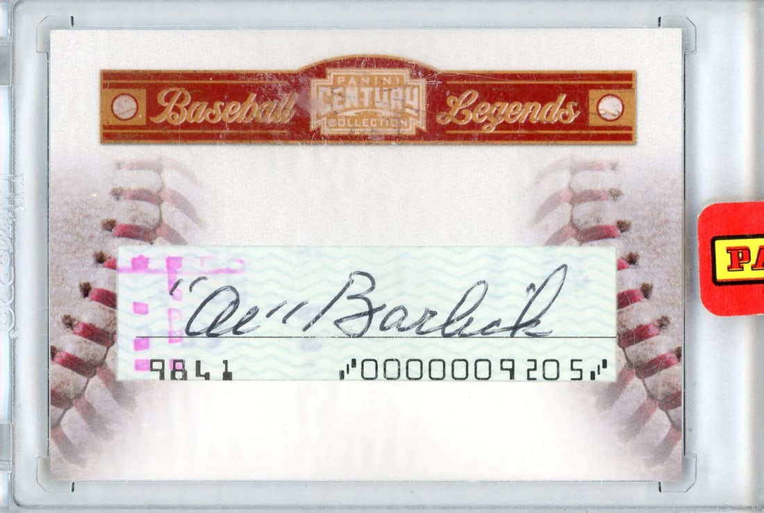 Al Barlick Autographed 2010 Panini Century Collection Cut Encased Card #1: Al Barlick Autographed 2010 Panini Century Collection Cut Encased Card #1 Al Barlick's autograph on the front of this 2010 Panini Century Collection Cut Encased Card #1 stands out, with a black pen si